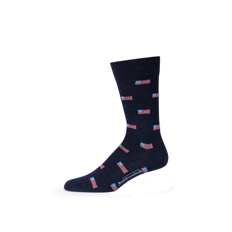 BoardroomSocks Merino Wool Mid-Calf Patterned Socks, Dress Socks for Men, Navy With American Flags - Image 1